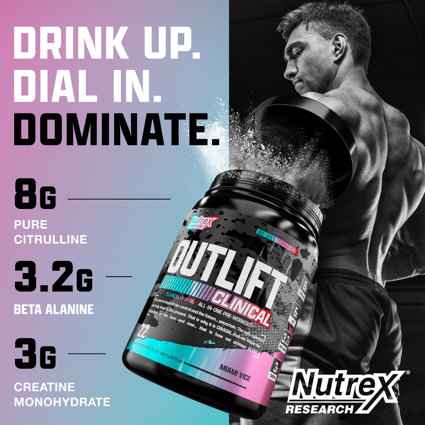 Nutrex Outlift Clinical Pre-Workout 22srv (1 srv 29g: 300mg caffeine, 8g citrulline, 3.2g beta alanine, 3g creatine, 4g bcaa, 2g eaa, 2g taurine)