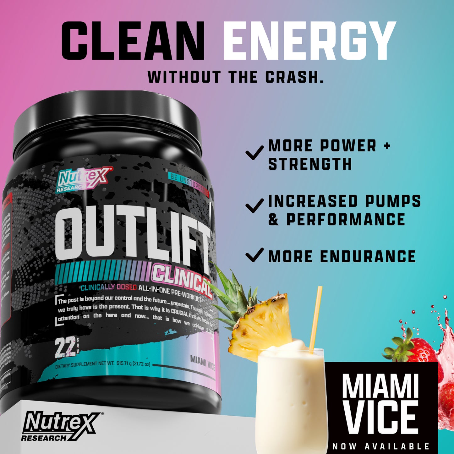 Nutrex Outlift Clinical Pre-Workout 22srv (1 srv 29g: 300mg caffeine, 8g citrulline, 3.2g beta alanine, 3g creatine, 4g bcaa, 2g eaa, 2g taurine)