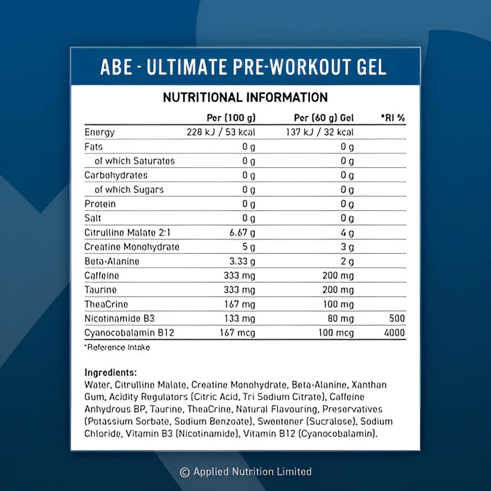 Applied ABE Pre - Workout Gel 60g 200mg Caffeine, 4g Citrulline, 3g Creatine and more. (HALAL) Exp Jun 2025 onwards 634158793578 - The Supplement Warehouse Pte Ltd