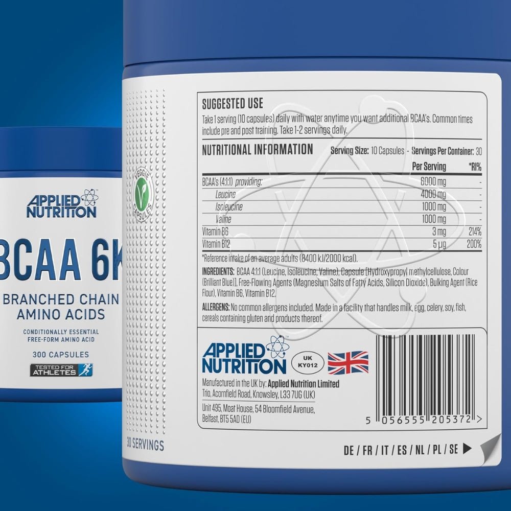 Applied BCAA 6K 4:1:1 300 veg caps (HALAL) 5056555205372 - The Supplement Warehouse Pte Ltd