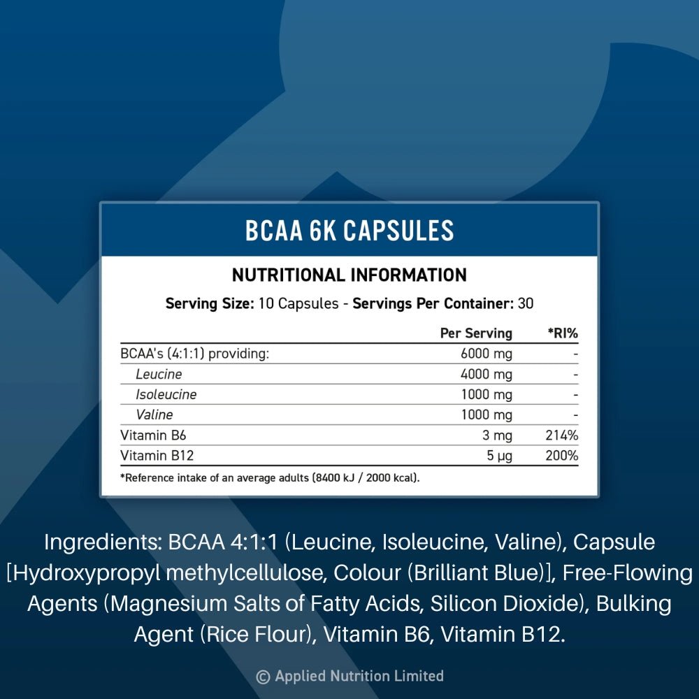 Applied BCAA 6K 4:1:1 300 veg caps (HALAL) 5056555205372 - The Supplement Warehouse Pte Ltd