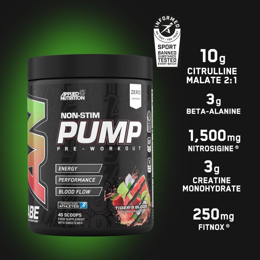 Applied Pump ZERO STIM Pre - Workout (per 12g scoop: 5g citrulline, 1.5g creatine, 1.5g beta - alanine, 1g taurine) HALAL 500g 5056555204306 - The Supplement Warehouse Pte Ltd