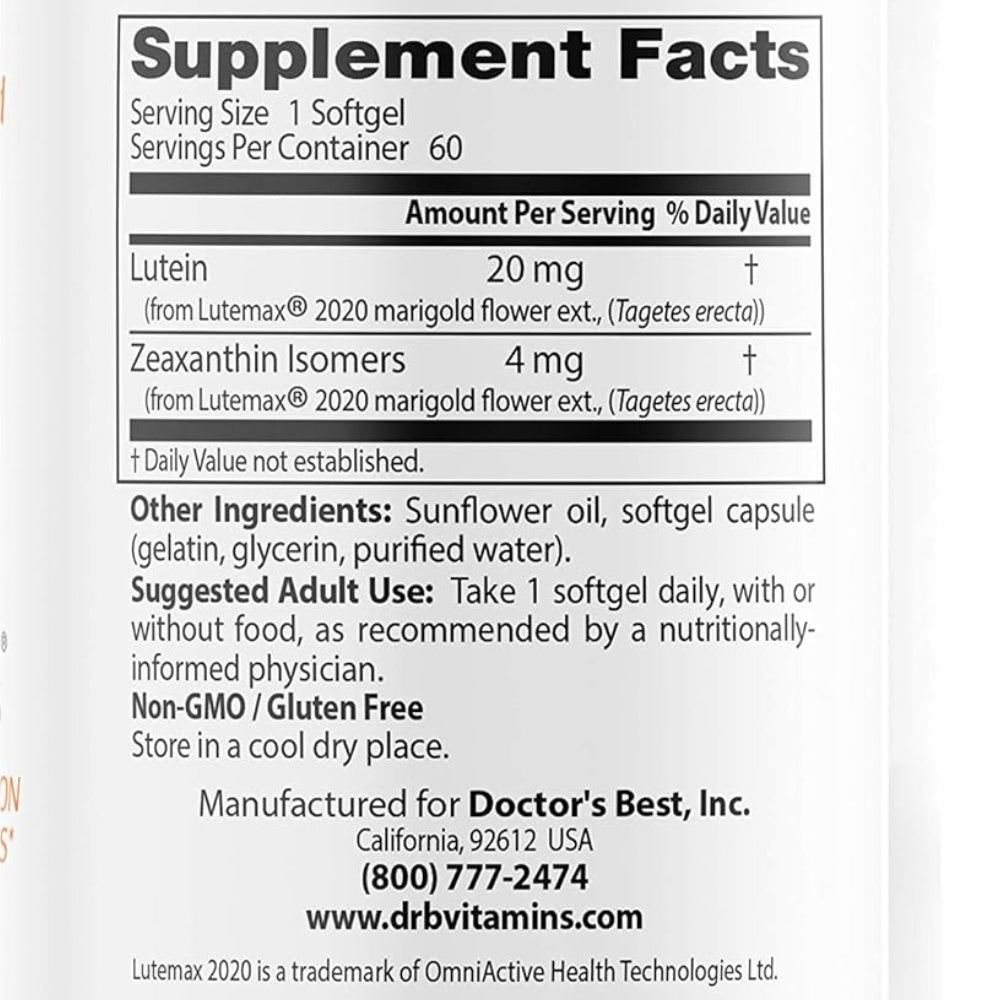 Doctor's Best Lutein with Lutemax 2020 20 mg 60 Softgels 753950003699 - The Supplement Warehouse Pte Ltd