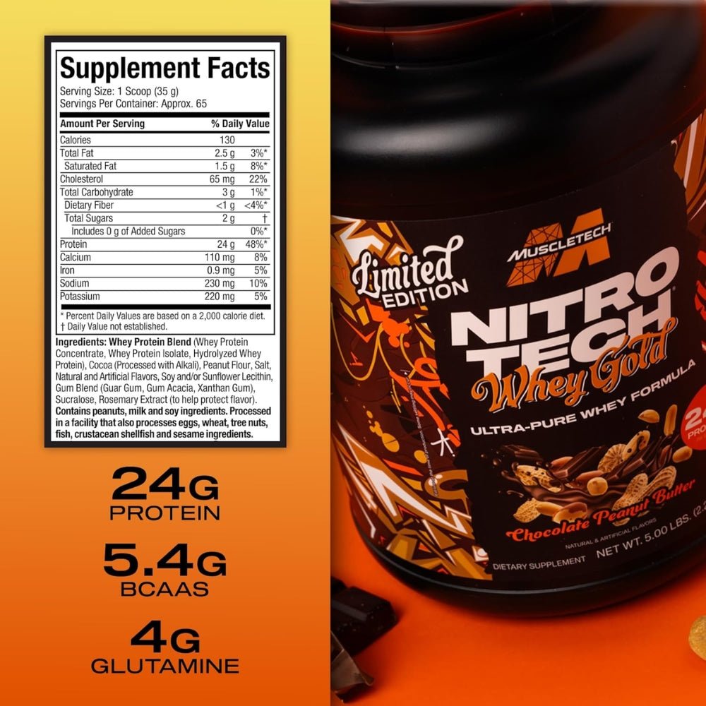 MuscleTech Nitro Tech Whey Gold Protein 5 lbs (24g protein, 2g carb, 130 cal) 631656717877 - The Supplement Warehouse Pte Ltd