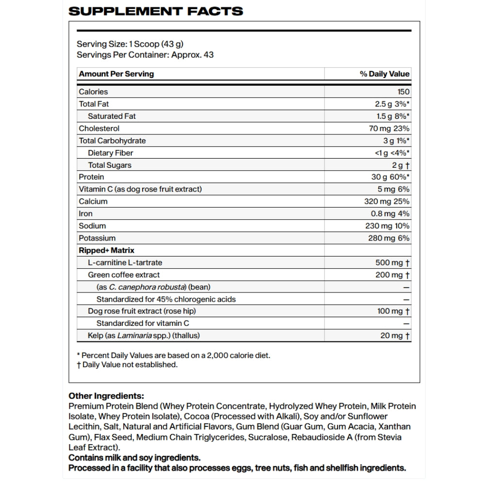 MuscleTech Nitro Tech Ripped Whey Protein 4 lbs (30g protein, 3g carb, 150 cal, carnitine)