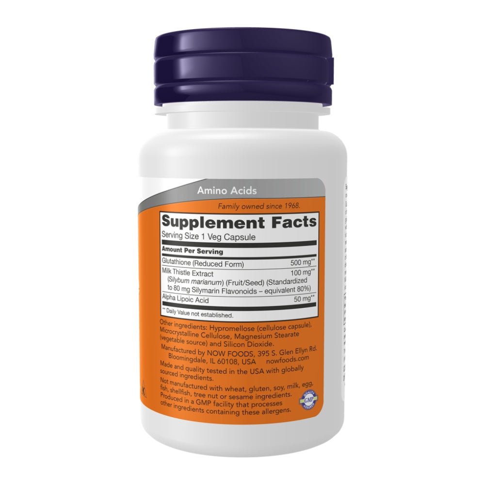 NOW Glutathione (incl Milk Thistle & ALA) Detox Support 500mg veg caps 733739001047 - The Supplement Warehouse Pte Ltd