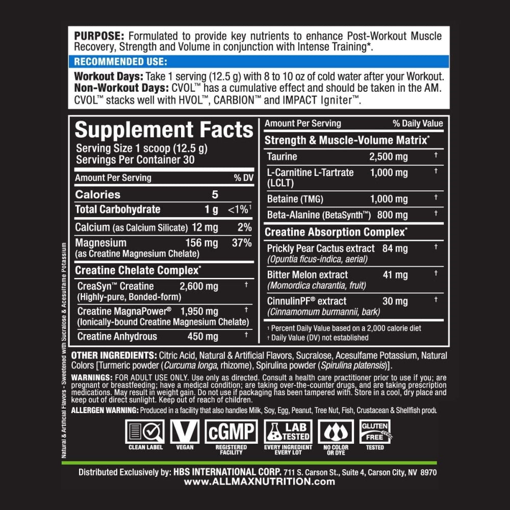 AllMax CVOL Powder Recovery Drink 30 servings 665553224862- The Supplement Warehouse Pte Ltd