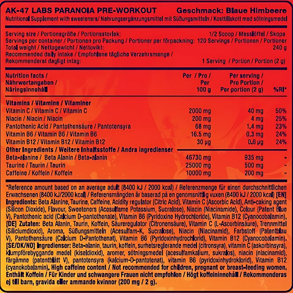 AK-47 Labs Pre-Workout 120 scoops (per scoop of 2g: 200mg caffeine, 1g beta alanine)