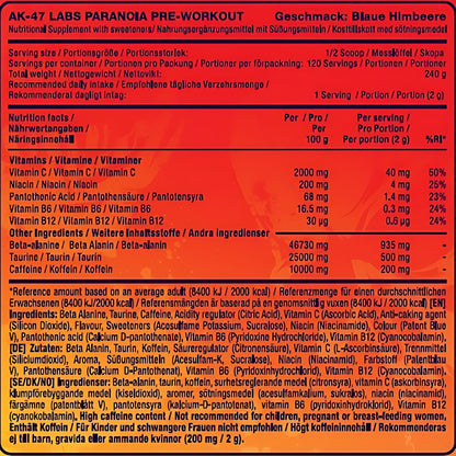 AK-47 Labs Pre-Workout 120 scoops (per scoop of 2g: 200mg caffeine, 1g beta alanine)