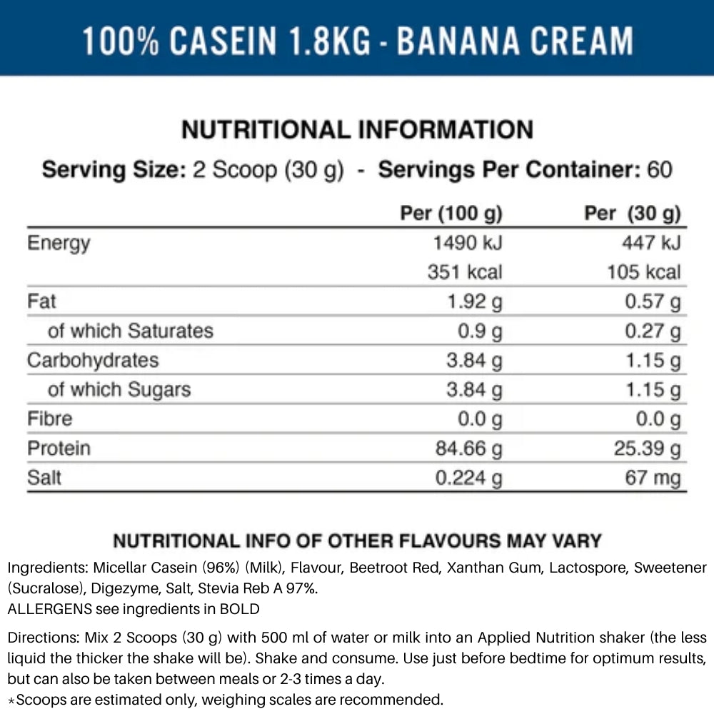 Applied 100% Casein Protein 1.8kg 60 scoops (per 30g scoop: 25.4g protein, 1.2g carb, 105 cal) HALAL 5056555208014 - The Supplement Warehouse Pte Ltd