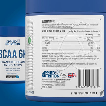 Applied BCAA 6K 4:1:1 300 veg caps (HALAL) 5056555205372 - The Supplement Warehouse Pte Ltd