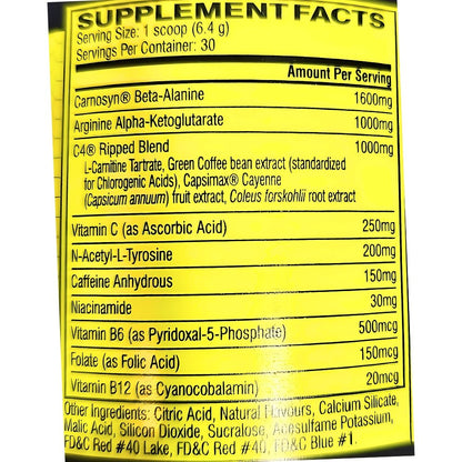 Cellucor C4 Ripped Pre - Workout 30srv (1 srv: 150mg caffeine, 1.6g beta - alanine, 1g arginine) 842595105063 - The Supplement Warehouse Pte Ltd