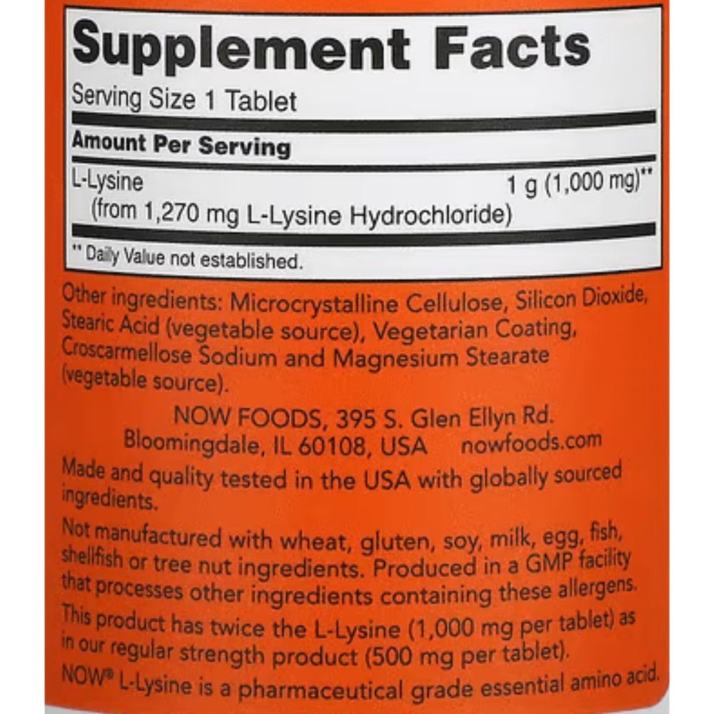 NOW L - Lysine Double Strength 1000 mg 100 tabs 733739001139 - The Supplement Warehouse Pte Ltd