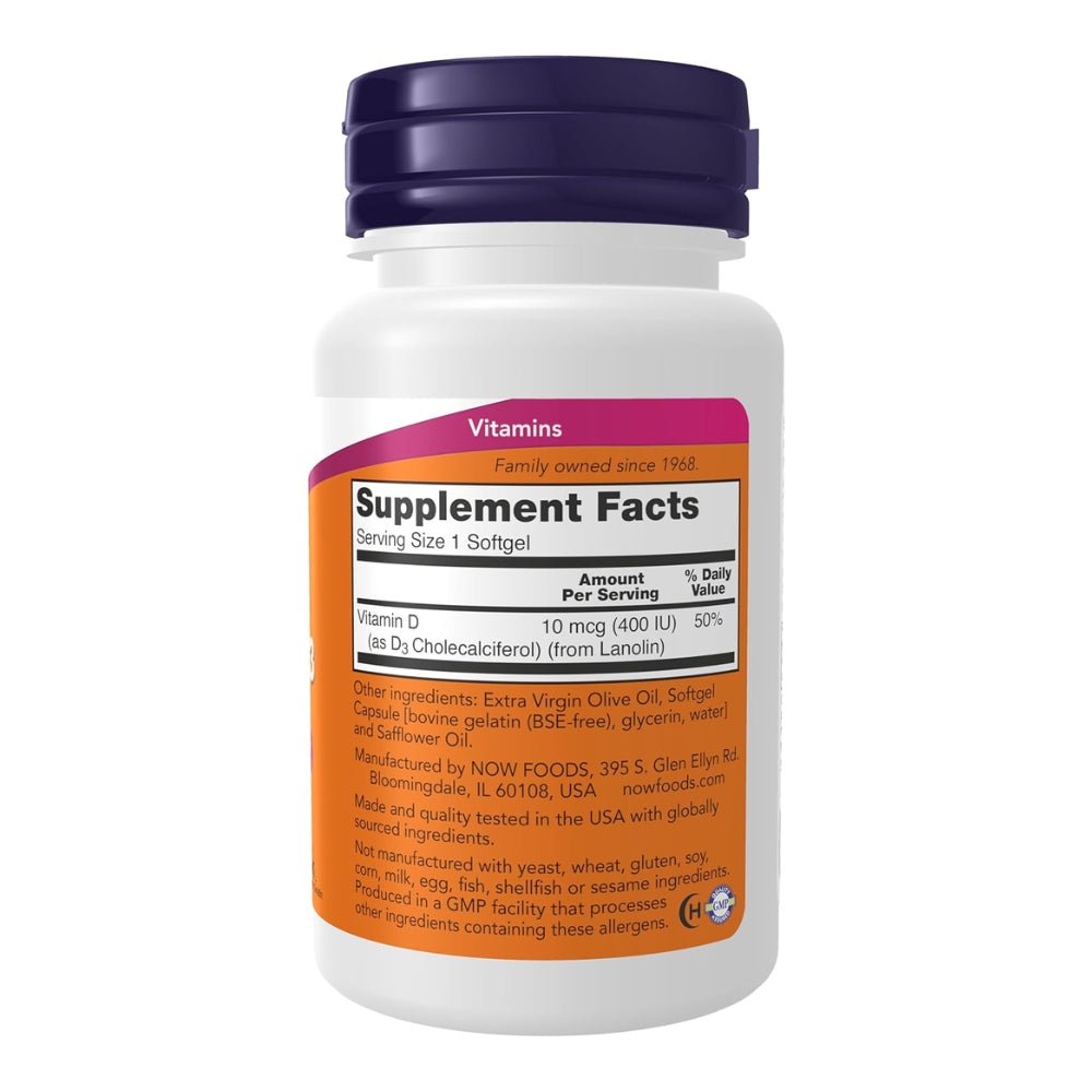 NOW Vitamin D - 3 softgels 733739003645 - The Supplement Warehouse Pte Ltd