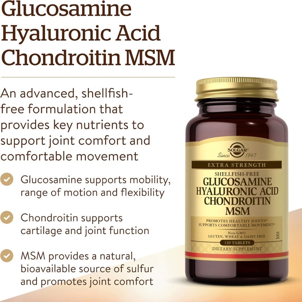 Solgar Glucosamine Hyaluronic Acid Chondroitin MSM Extra Strength ShellFish Free 120 tabs 033984013179 - The Supplement Warehouse Pte Ltd