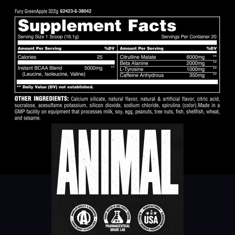 Universal Animal Fury Pre - Workout 20srv (350mg Caffeine, BCAAs, Citrulline, Beta Alanine) 039442032584 - The Supplement Warehouse Pte Ltd