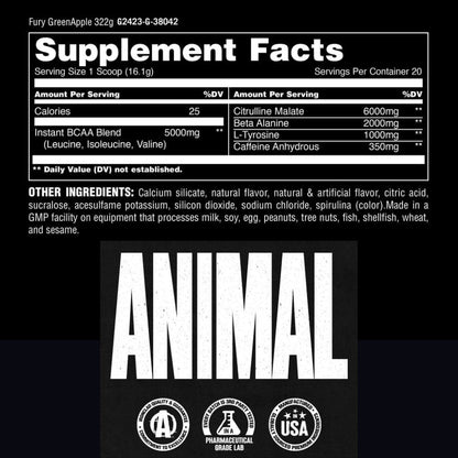 Universal Animal Fury Pre - Workout 20srv (350mg Caffeine, BCAAs, Citrulline, Beta Alanine) 039442032584 - The Supplement Warehouse Pte Ltd