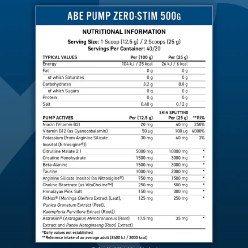 Applied Pump ZERO STIM Pre-Workout (HALAL) 500g 5056555204290- The Supplement Warehouse Pte Ltd